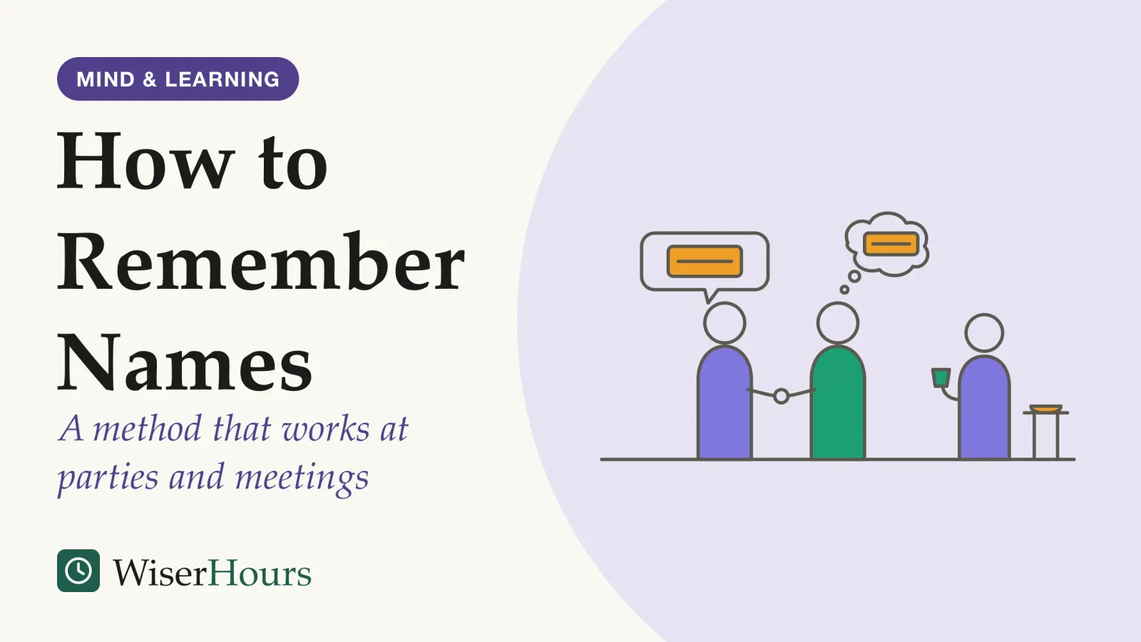 An illustrated cover card headed “How to Remember Names”, with the line “A method that works at parties and meetings”. Line drawing of two people shaking hands at a gathering. A speech bubble from one holds a blank name tag, and a thought bubble above the other holds the same name tag. A third person stands nearby with a cup, beside a small table.