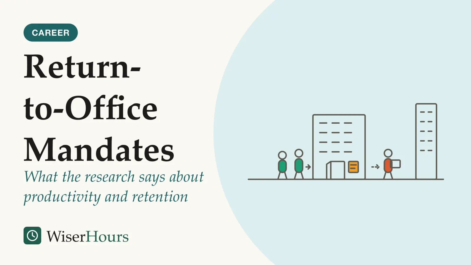 An illustrated cover card headed “Return-to-Office Mandates”, with the line “What the research says about productivity and retention”. Line drawing of an office building with a notice pinned beside its open door. Two people walk toward the door from the left, while a third person walks away to the right carrying a box, toward a taller building in the distance.