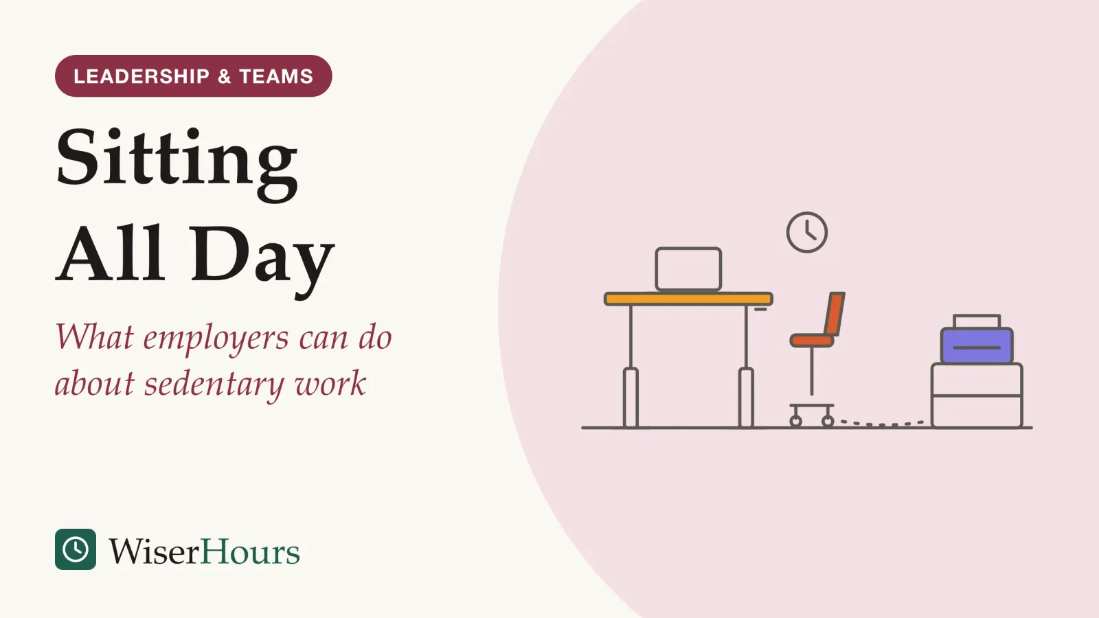 An illustrated cover card headed “Sitting All Day”, with the line “What employers can do about sedentary work”. Line drawing of an office corner: a height-adjustable desk raised to standing height with a laptop on it, an empty office chair pushed back beside it, a wall clock above, and a dotted path across the floor to a printer on a low cabinet.