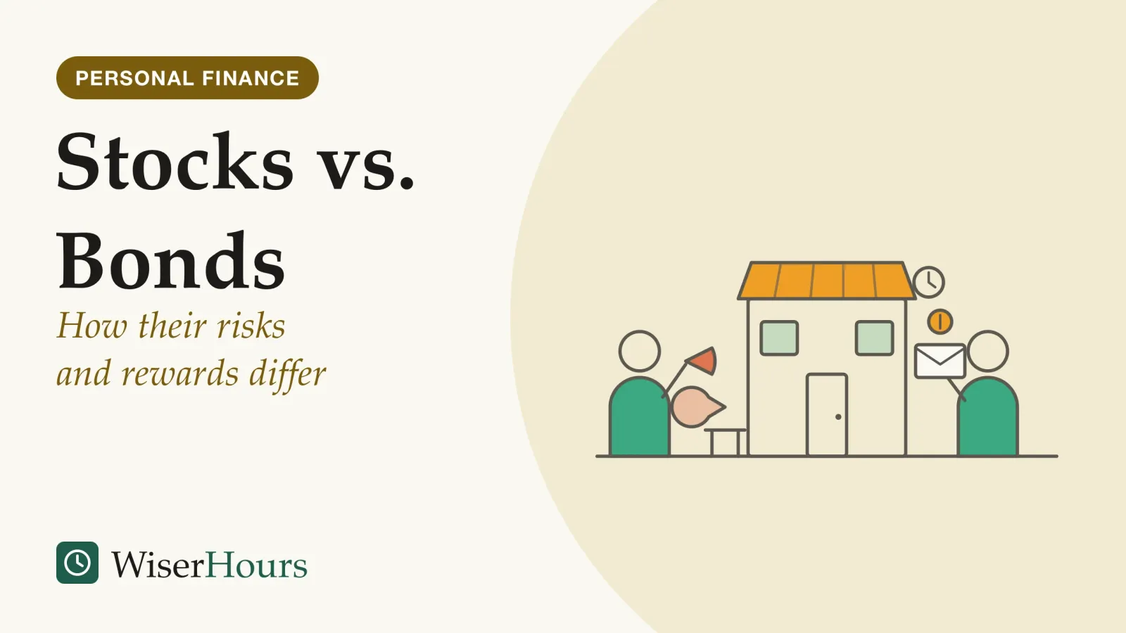 An illustrated cover card headed “Stocks vs. Bonds”, with the line “How their risks and rewards differ”. Line drawing of a small shop with a striped awning. To its left a person holds up a large slice cut from a round pie, standing for a share of the business. To its right a second person holds a sealed envelope with a coin above it, standing for a loan repaid with interest, and a small clock hangs on the wall beside them.