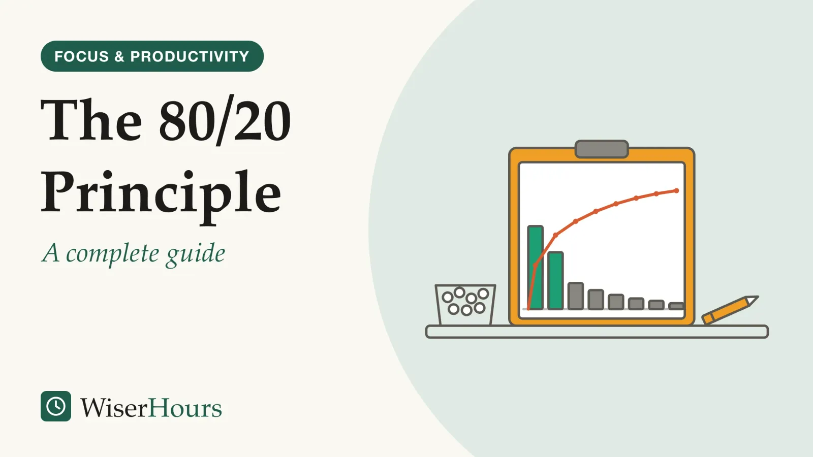 An illustrated cover card headed “The 80/20 Principle”, with the line “A complete guide”. Line drawing of a clipboard on a workbench holding a hand-drawn chart of defect tallies sorted from the tallest bar to the shortest. Two tall bars are colored; six short bars trail off. A running-total curve rises steeply over the first two bars, then levels off. A tray of small parts sits to the left and a pencil lies to the right.