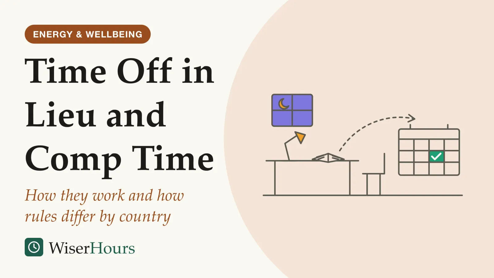 An illustrated cover card headed “Time Off in Lieu and Comp Time”, with the line “How they work and how rules differ by country”. Line drawing of a desk at night, with a crescent moon in the window, a lit desk lamp and an open notebook listing logged hours. A dashed arrow curves from the notebook to a wall calendar on the right, where one day is shaded as a day off.