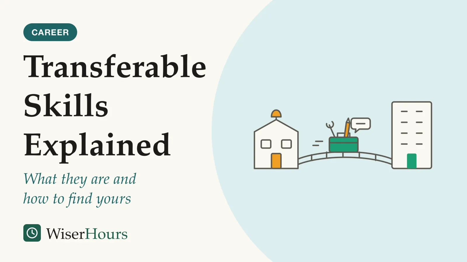 An illustrated cover card headed “Transferable Skills Explained”, with the line “What they are and how to find yours”. Line drawing of an open toolbox resting on a small footbridge between two buildings: a low building with a bell on its roof on the left and a taller office block on the right. A wrench, a pencil and a small speech bubble stick out of the toolbox.