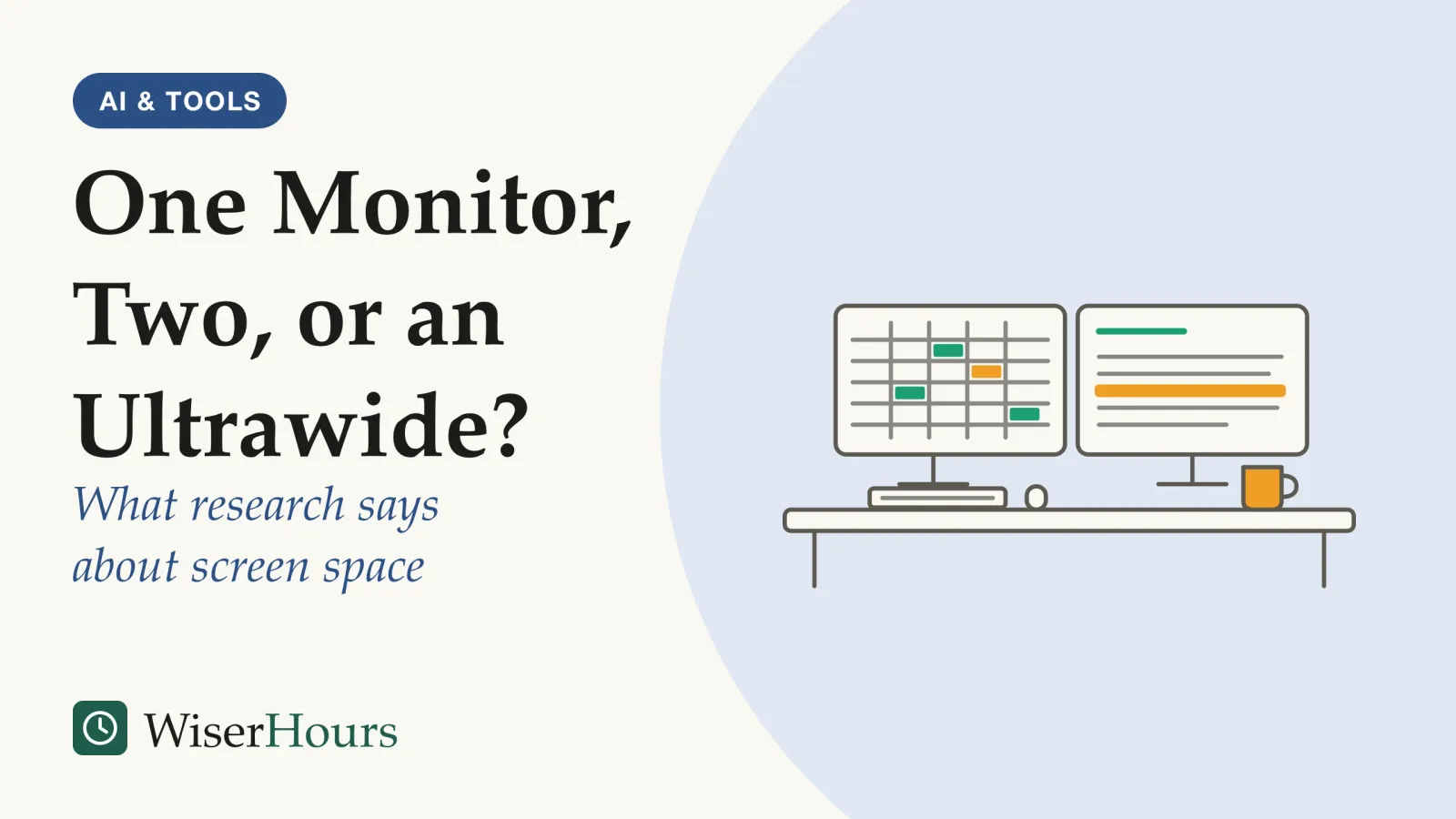 An illustrated cover card headed “One Monitor, Two, or an Ultrawide?”, with the line “What research says about screen space”. Line drawing of a desk with two monitors side by side: the left screen shows a spreadsheet grid with a few filled cells, the right screen shows lines of text with one line highlighted; a keyboard sits in front of the left screen, with a mouse and a mug beside it.