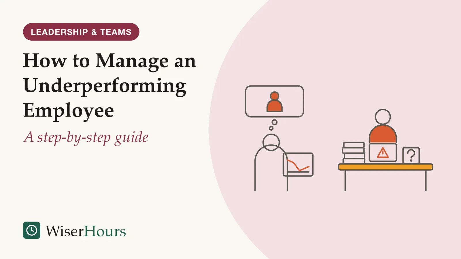An illustrated cover card headed “How to Manage an Underperforming Employee”, with the line “A step-by-step guide”. Line drawing of a manager holding a sheet with a line that dips, with a thought bubble containing a single person shape. Across from them an employee sits at a desk with a tall stack of papers, a laptop showing a warning triangle and a card with a question mark.