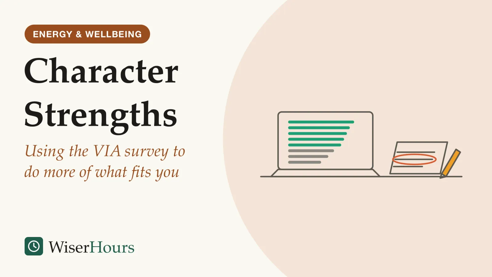 An illustrated cover card headed “Character Strengths”, with the line “Using the VIA survey to do more of what fits you”. Line drawing of an open laptop showing a ranked list of bars, the top five in color and the rest in gray, beside an open notebook with one line circled and a pencil.