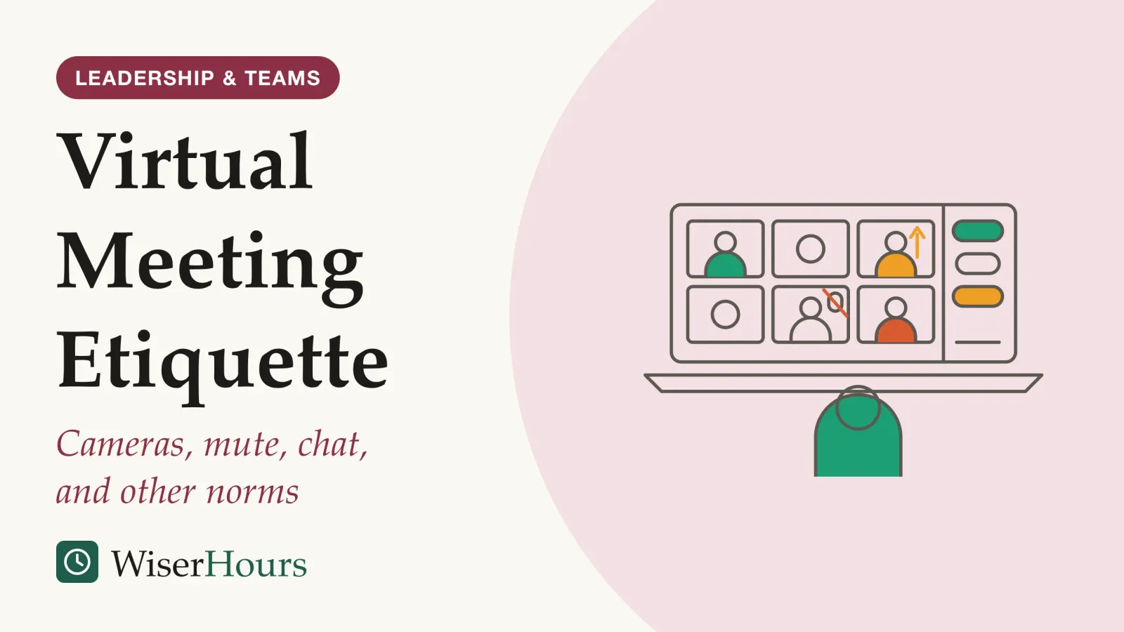An illustrated cover card headed “Virtual Meeting Etiquette”, with the line “Cameras, mute, chat, and other norms”. Line drawing of a person seen from behind at a desk, facing a laptop on a video call. The screen shows a grid of six tiles: four colleagues on camera, one of them with a hand raised and one with a muted microphone, and two tiles with the camera off. A chat panel down the right side holds three message bubbles.