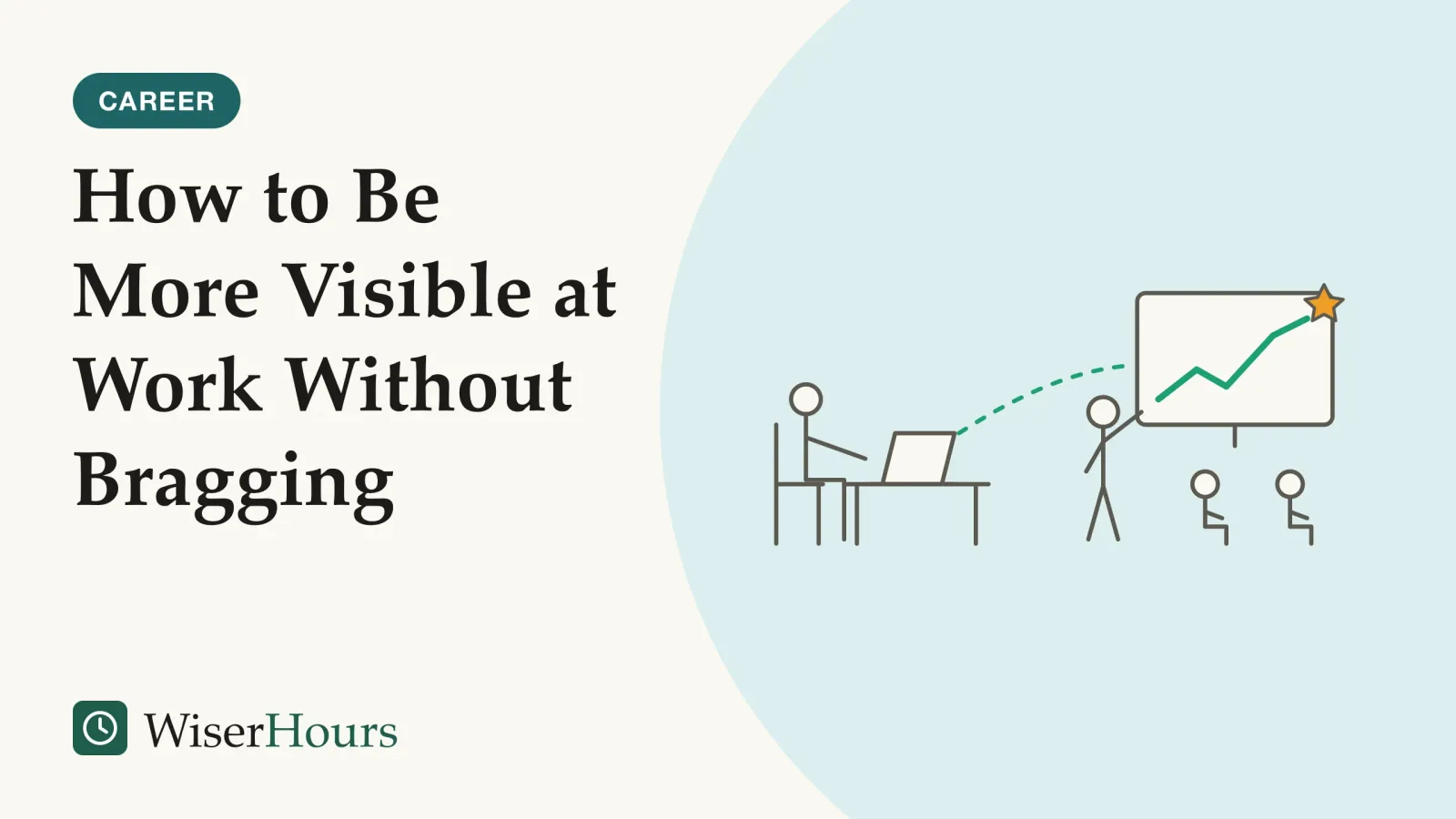 An illustrated cover card headed “How to Be More Visible at Work Without Bragging”. Line drawing of a person sitting quietly at a desk with a laptop; a dashed line runs from the laptop to a screen across the room, where a standing colleague points at a rising chart marked with a small star while two people listen.