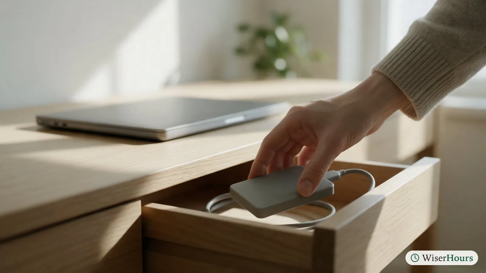A hand puts a small backup drive and its cable into a wooden desk drawer beside a closed laptop.