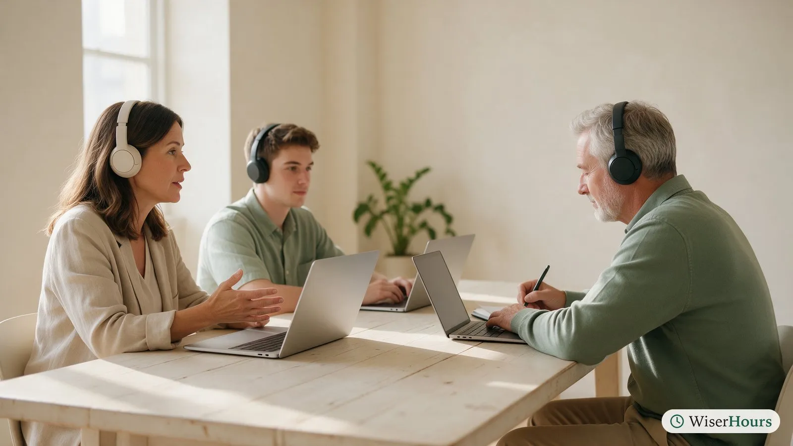 Three colleagues at a meeting table, each with their own laptop and headset, joining a hybrid video call.