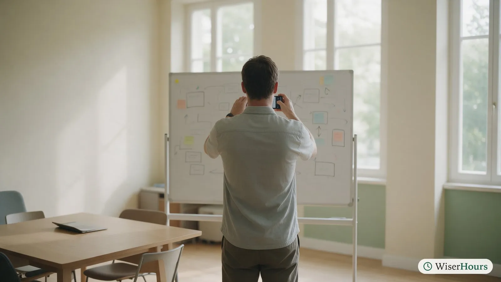 A man photographs a whiteboard of hand-drawn boxes and arrows with his phone after a meeting.