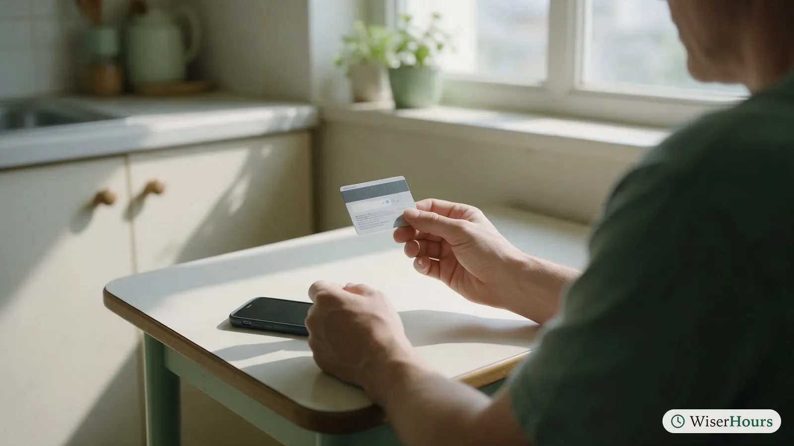 A person at a kitchen table holding a bank card, phone face down, about to call the bank's own number.