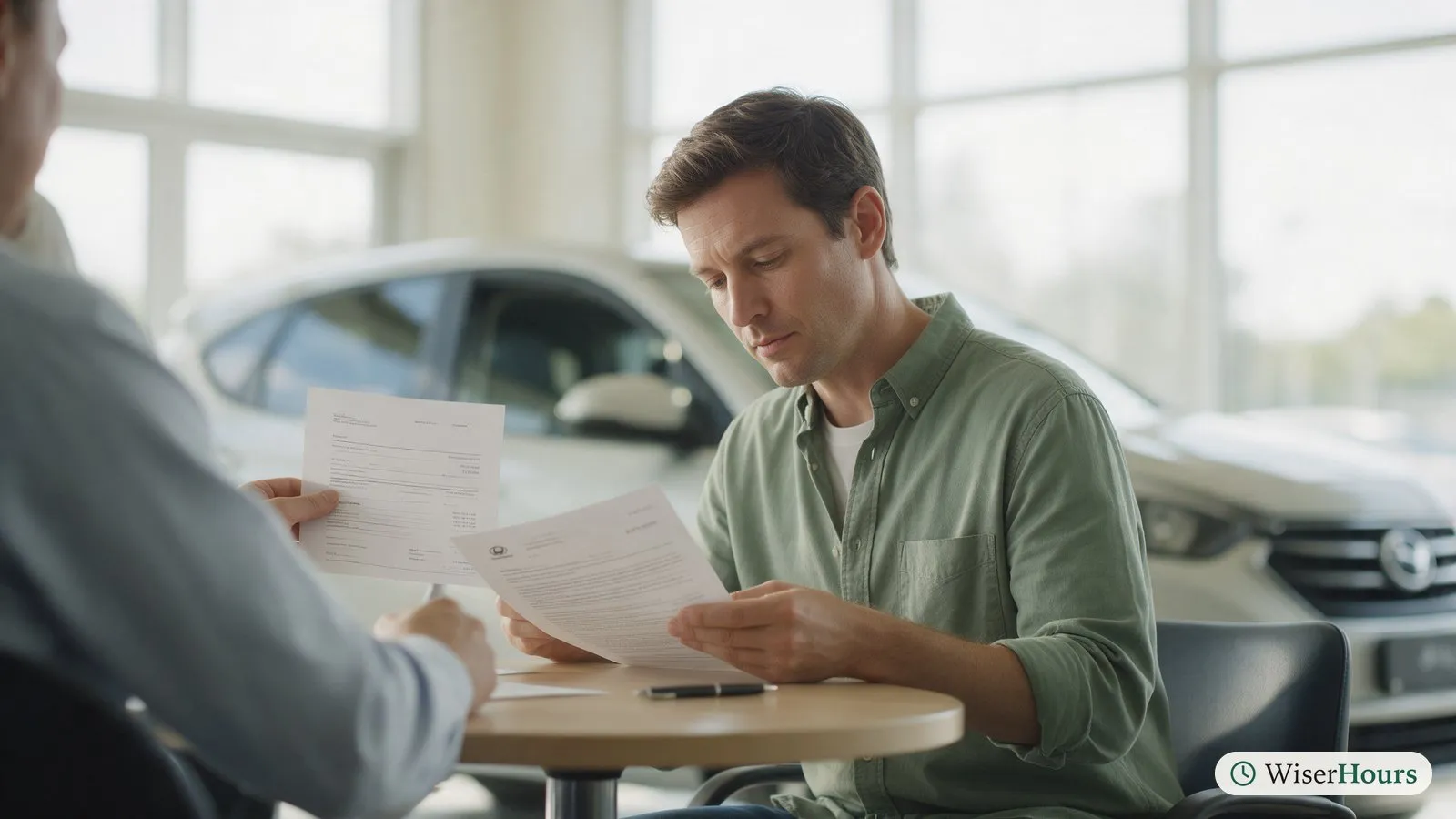 A car buyer compares a printed contract with an earlier written quote before signing.