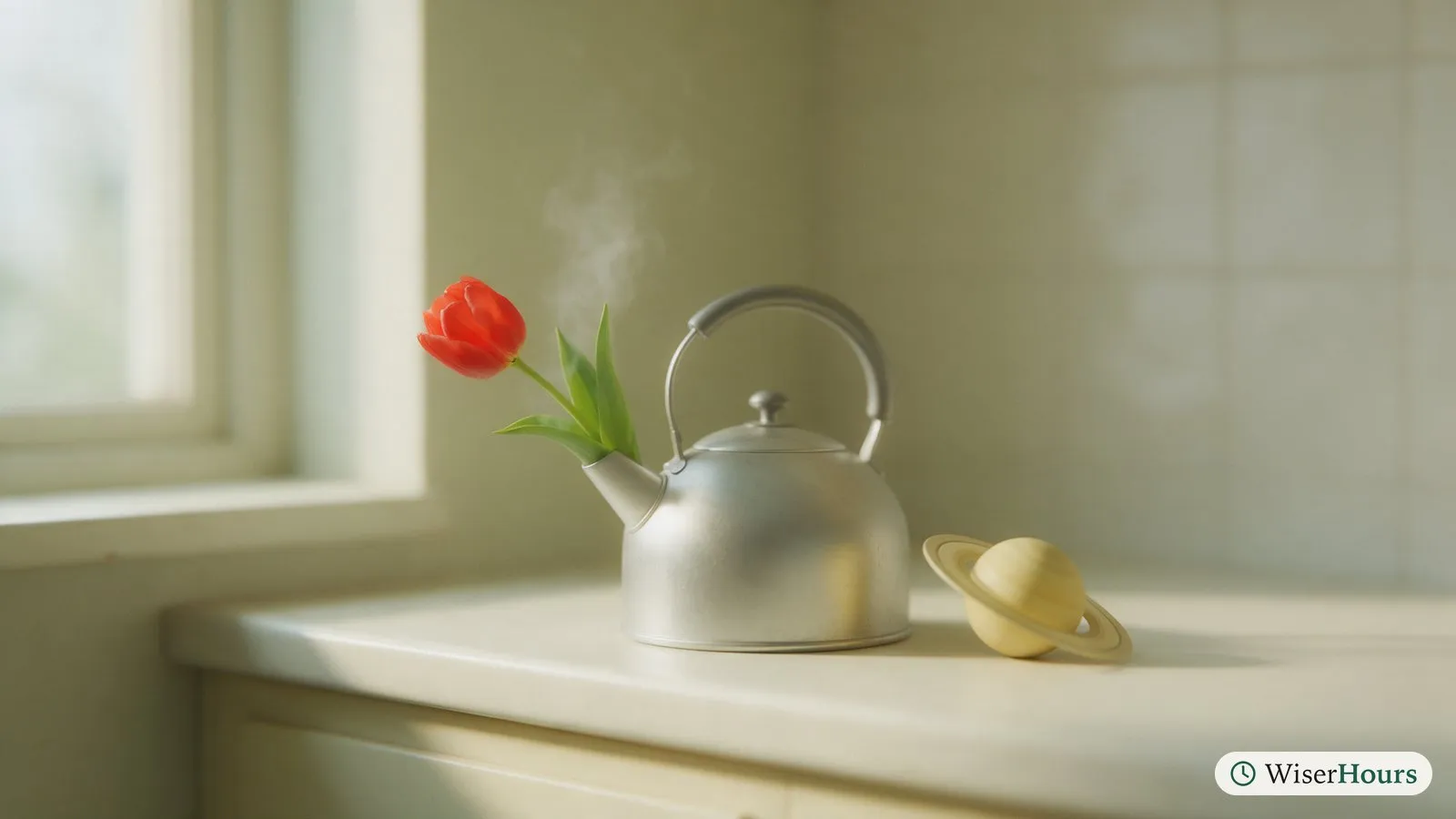 A kettle with steam rising, a red tulip in its spout and a small toy Saturn beside it on a kitchen counter.