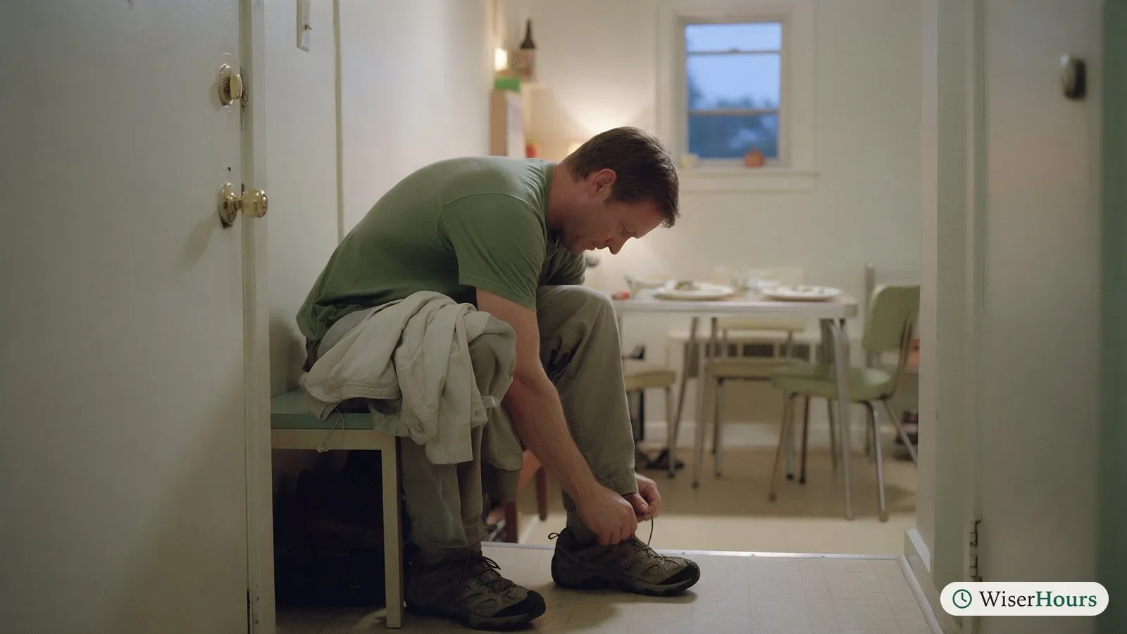 A man tying his walking shoes by the front door, with a cleared dinner table behind him in the evening light.
