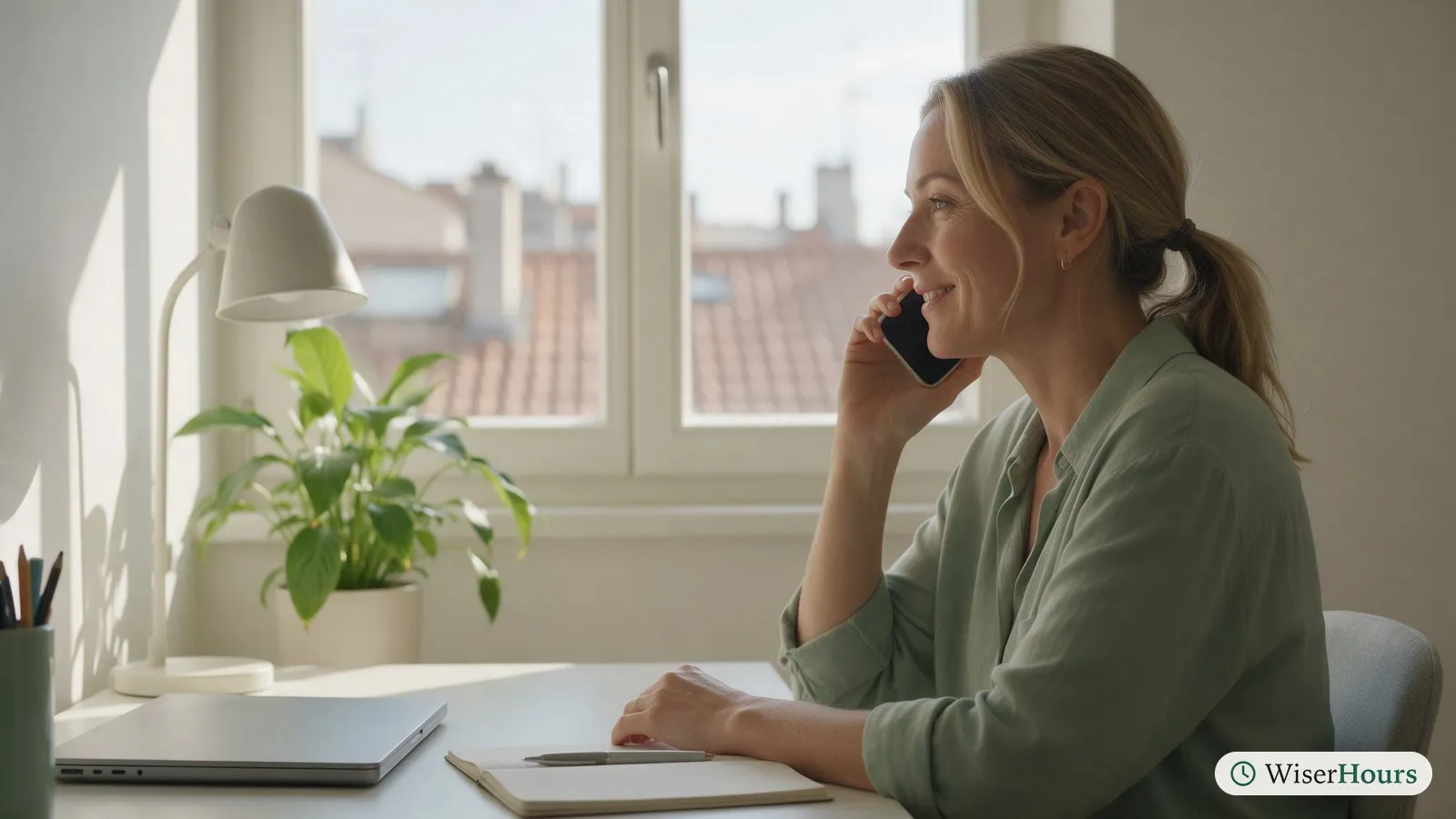 A woman at a desk talks on her phone in a relaxed way, her laptop closed beside a notepad.
