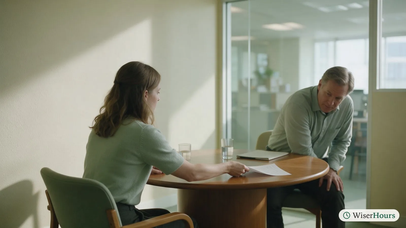 An employee sits across from her manager in a glass-walled meeting room while he reads her one-page summary.