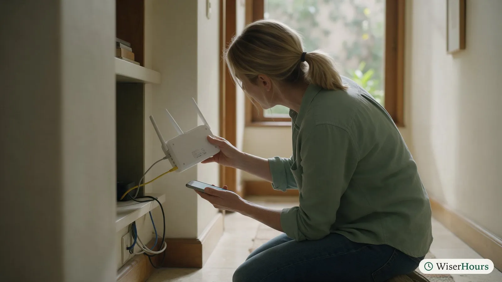 A woman tilts a home router to read the sticker underneath, phone in her other hand.