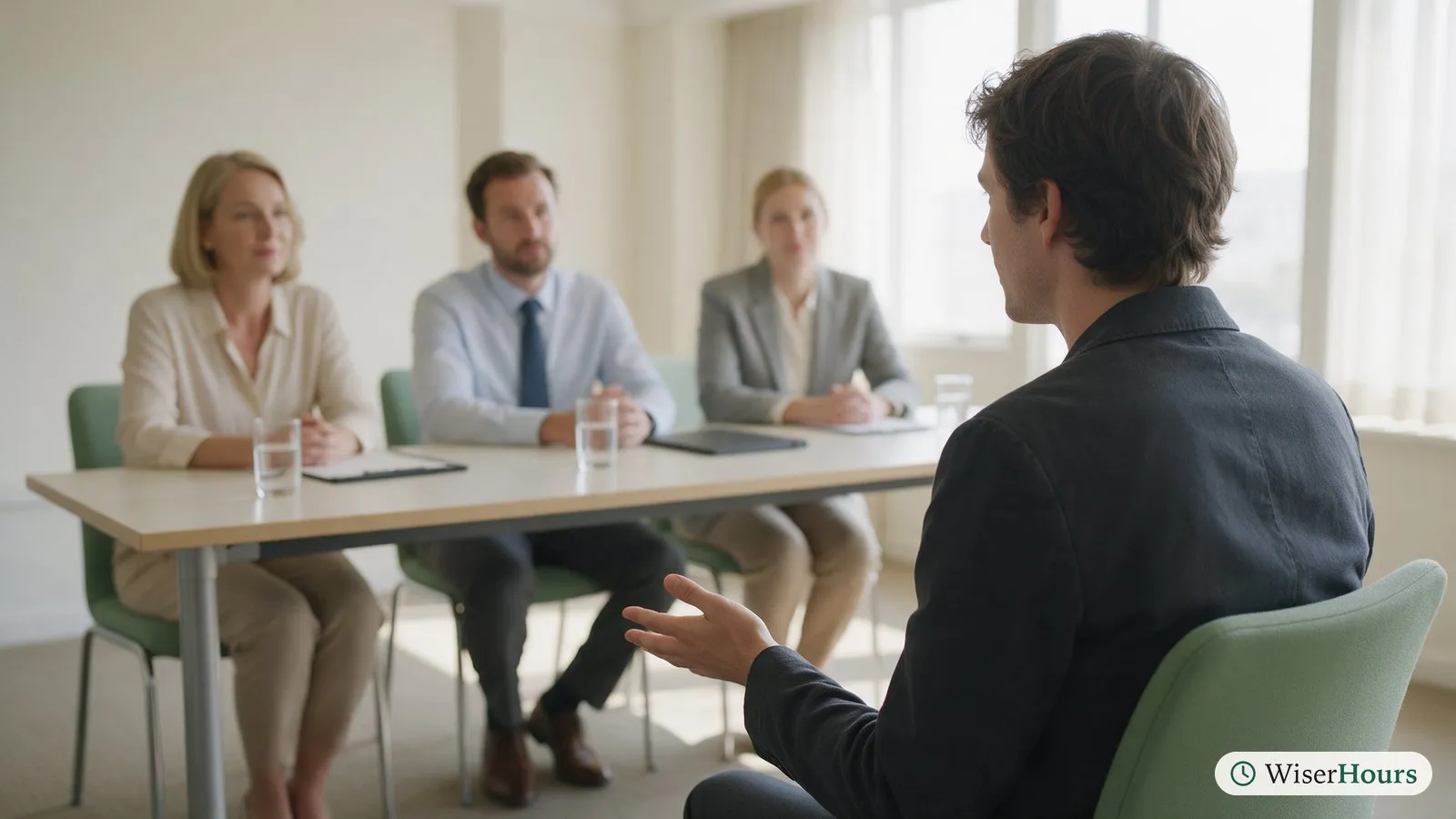 A candidate turns to include all three members of an interview panel while answering.