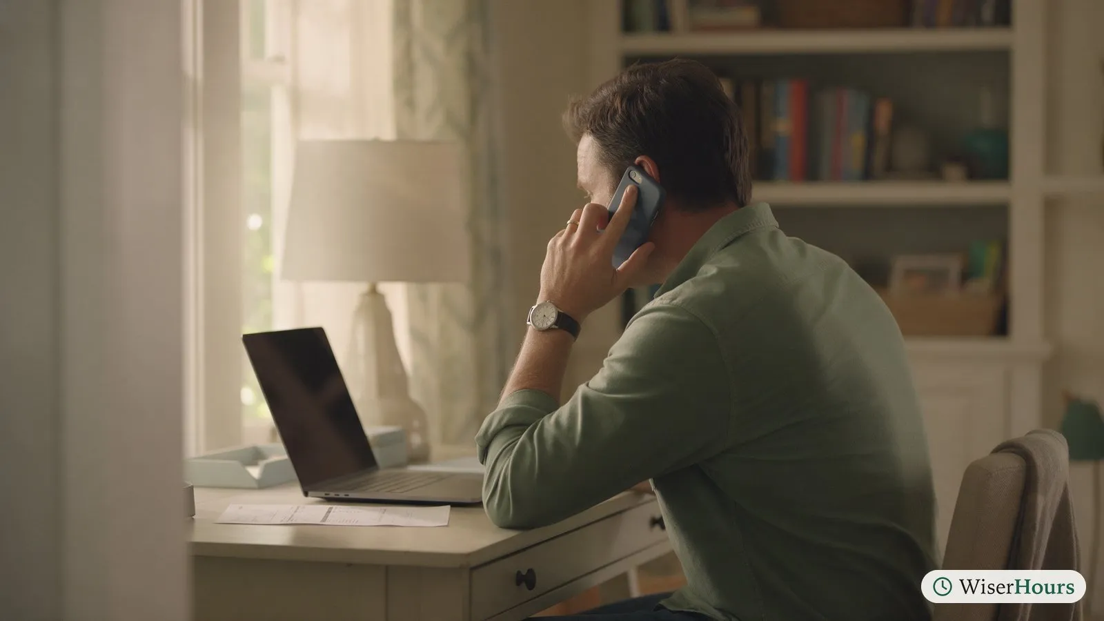 A man at a home desk with his laptop half closed makes a phone call.