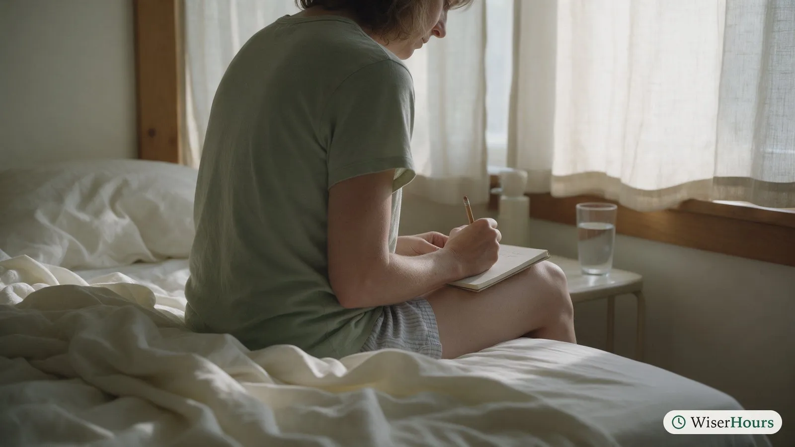 A person sits on the edge of a bed in morning light, writing in a small notebook on their knee.