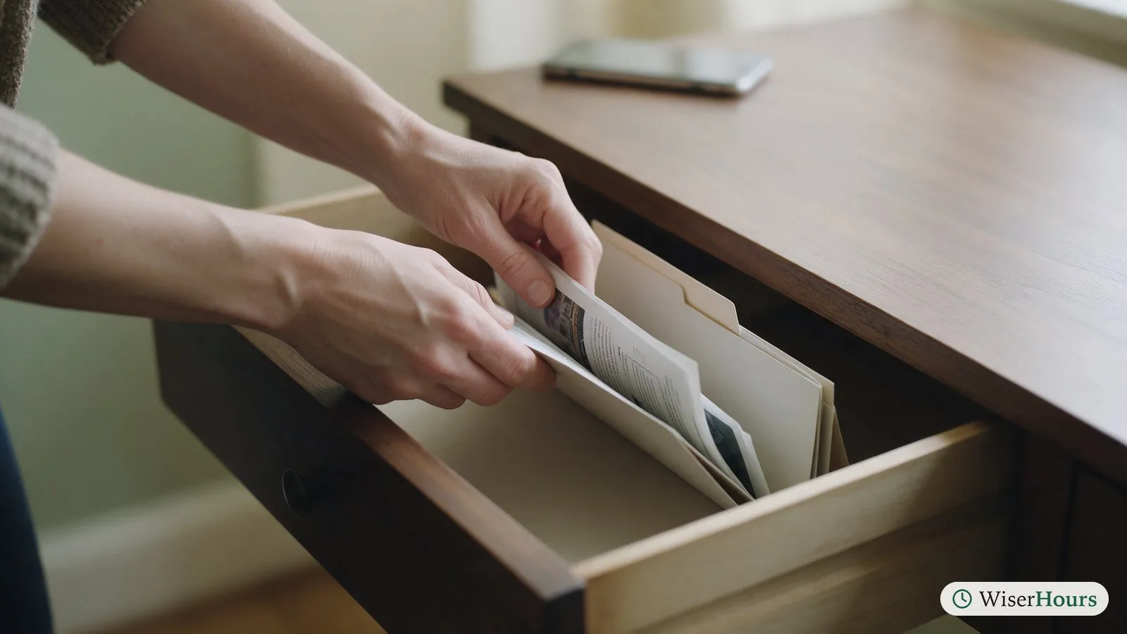 Hands slide a folded printed sheet into a document folder in a desk drawer, away from a phone.