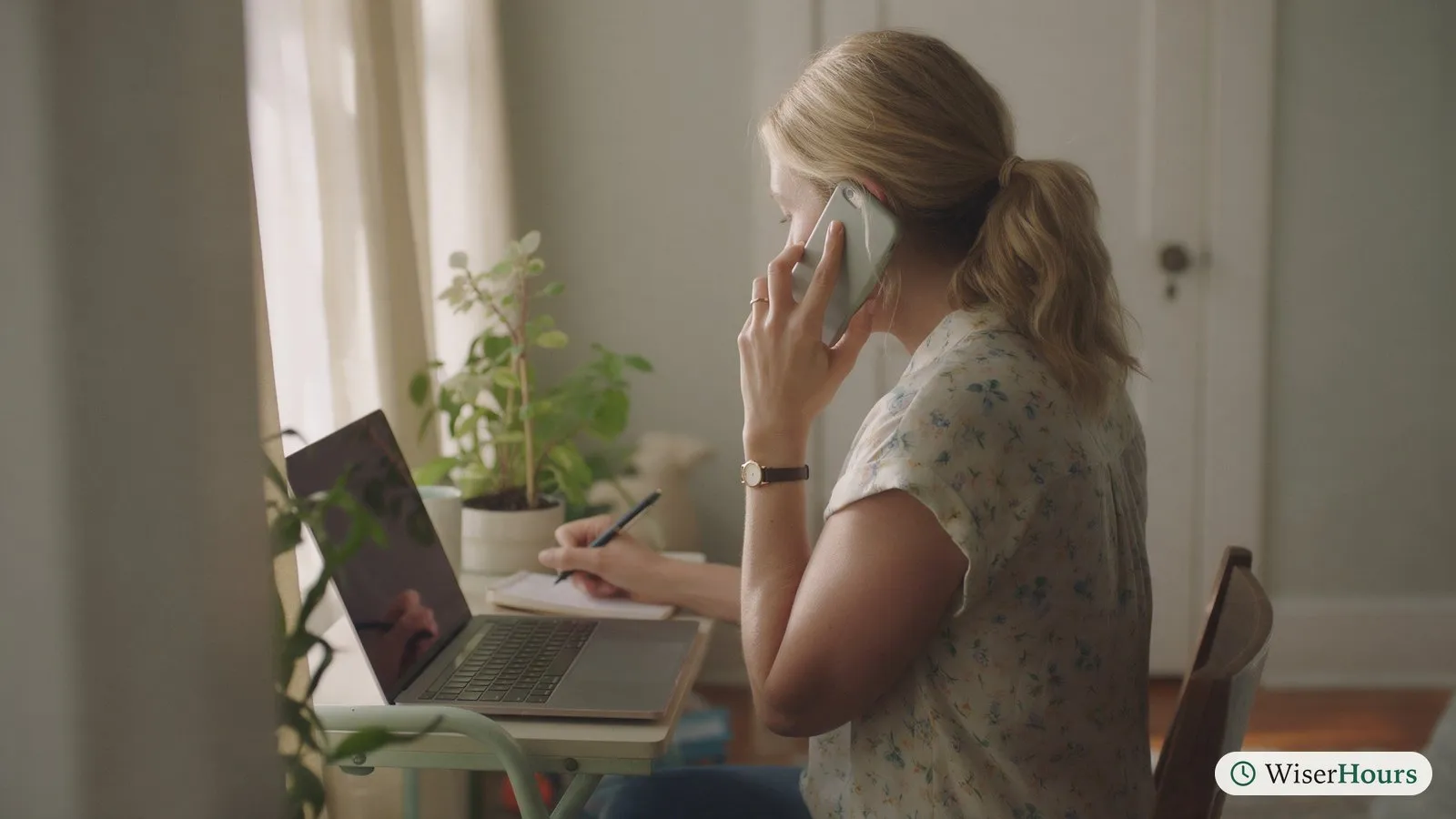 A woman working from a quiet room at home takes a work call and writes a note on a pad.