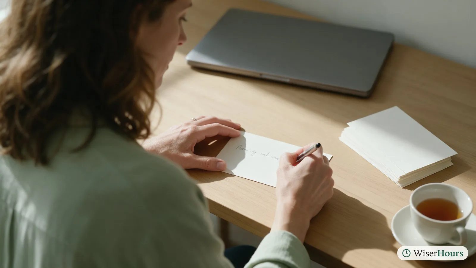 A woman writes a single line on an index card at a tidy desk, a closed laptop behind.