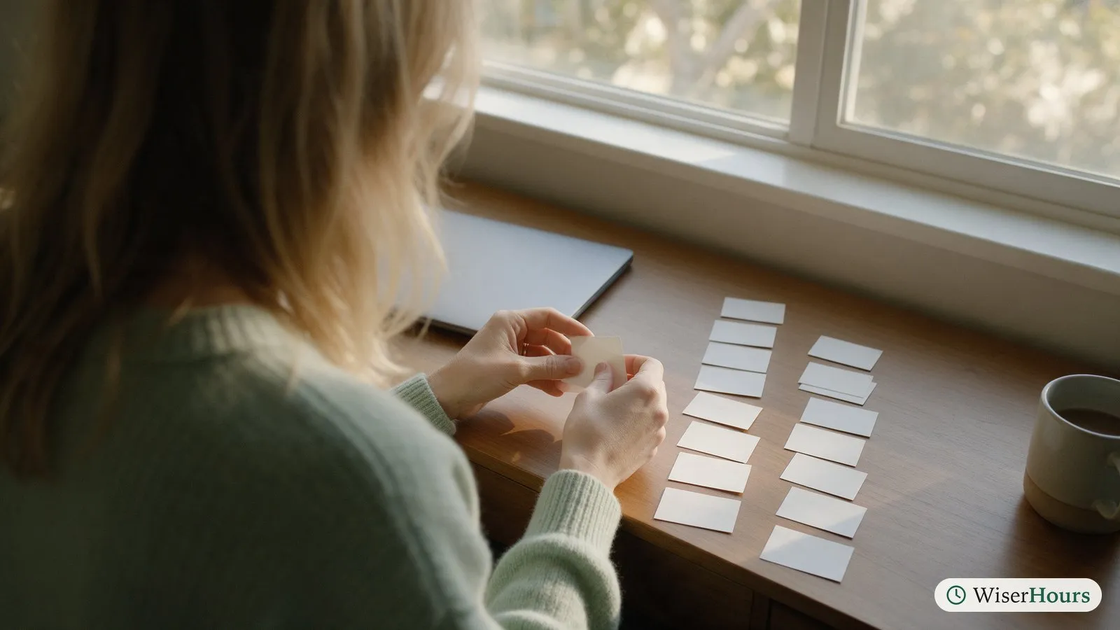 A woman sorts blank paper notes into two columns on her desk, one column longer than the other.