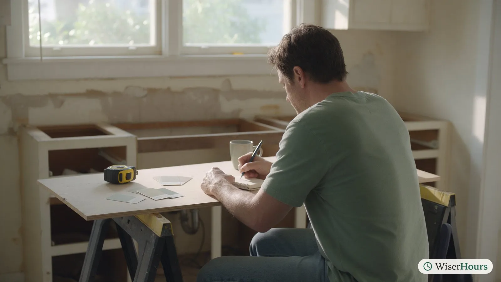 A man writes in a notebook at a sawhorse table in a kitchen stripped for renovation.