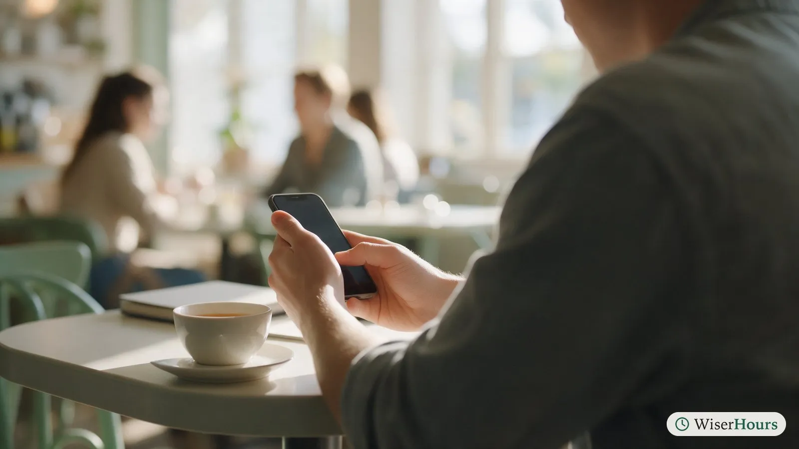 A man at a café table shields his phone with his hand as he unlocks it.