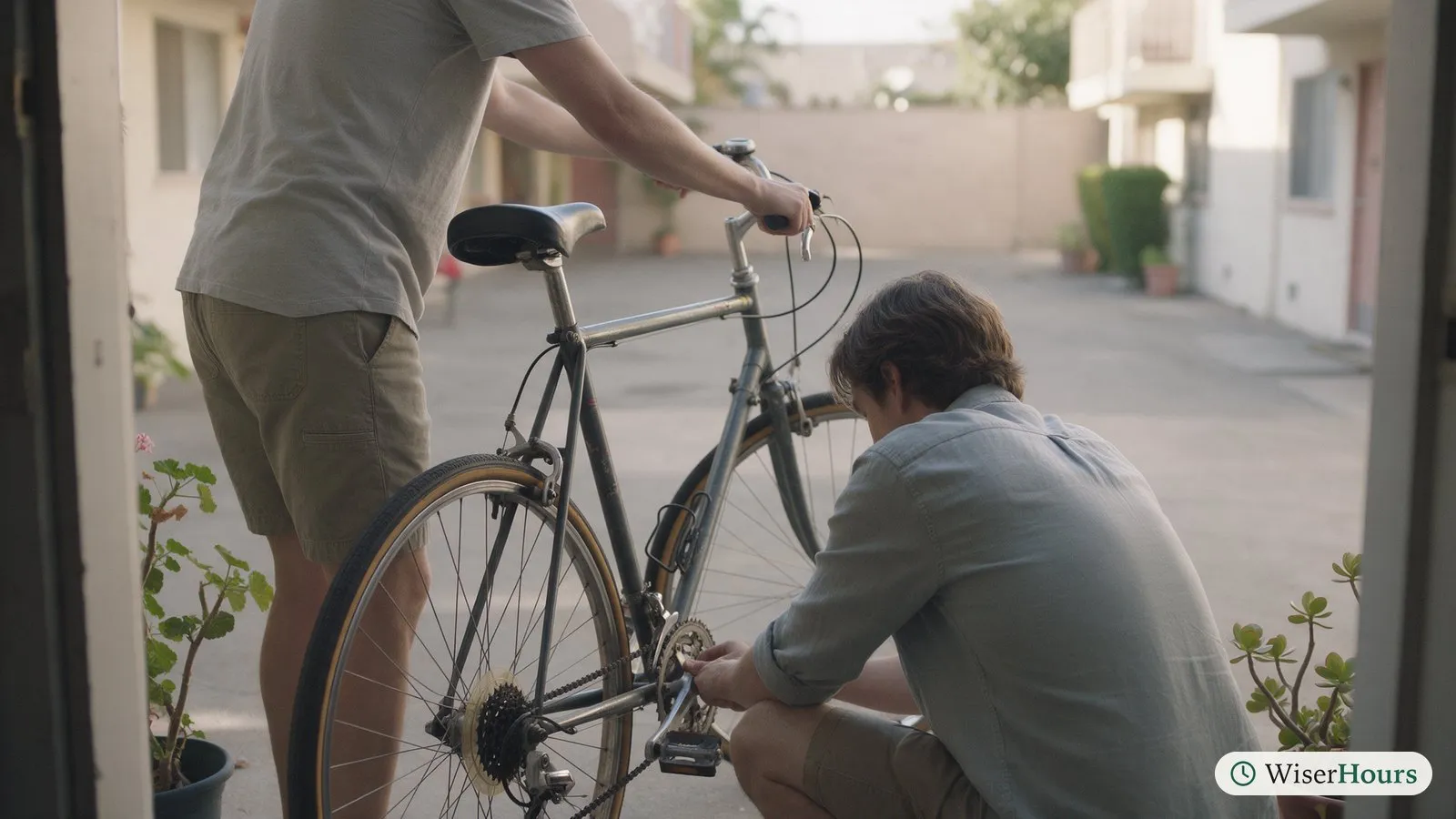 A seller holds up a used bicycle in a courtyard while a buyer crouches to inspect it.