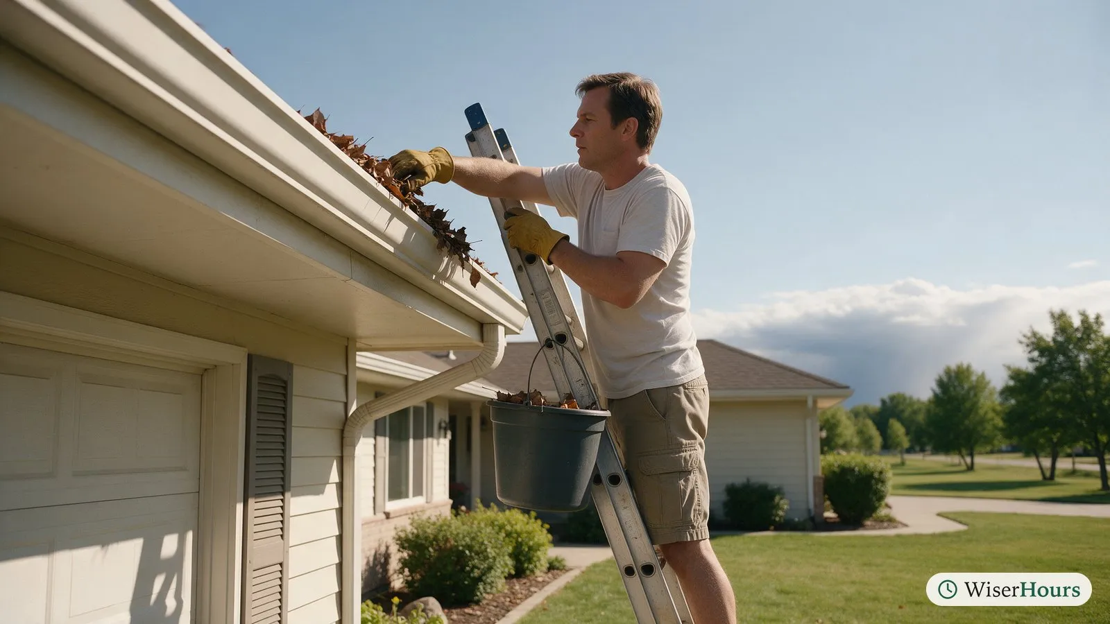 A man on a ladder clears leaves from a house gutter on a sunny day, with clouds far off.