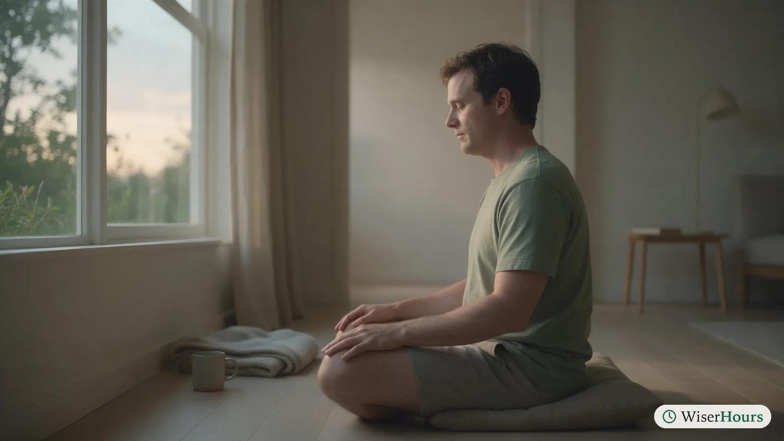 A man sits upright on a floor cushion by a window in early morning light, meditating before breakfast.