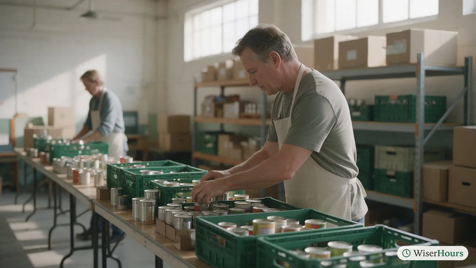 A volunteer sorts donated tins into crates at a long table in a community food bank.