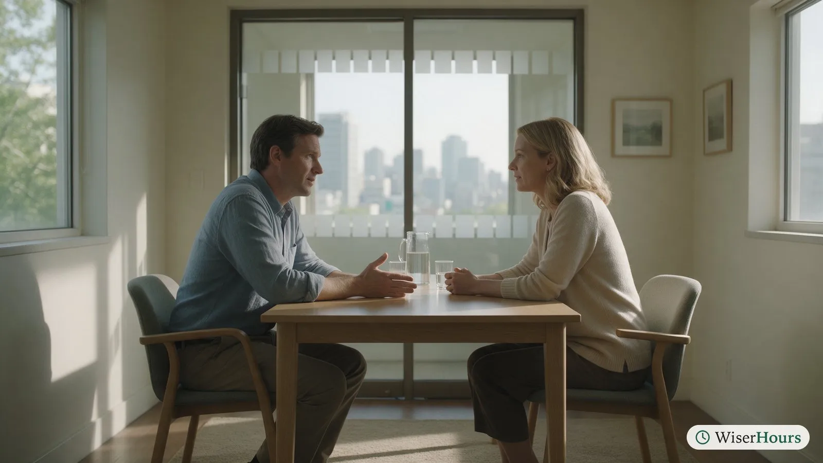 Two colleagues talk calmly and privately at the corner of a table in a small meeting room.