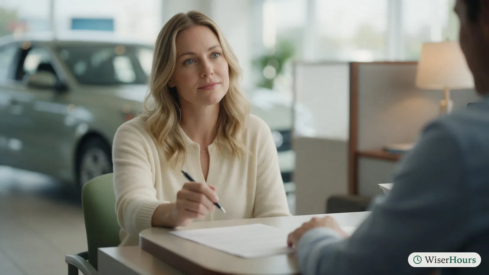 A buyer at a car showroom desk pauses with a pen held above blank paperwork before signing.