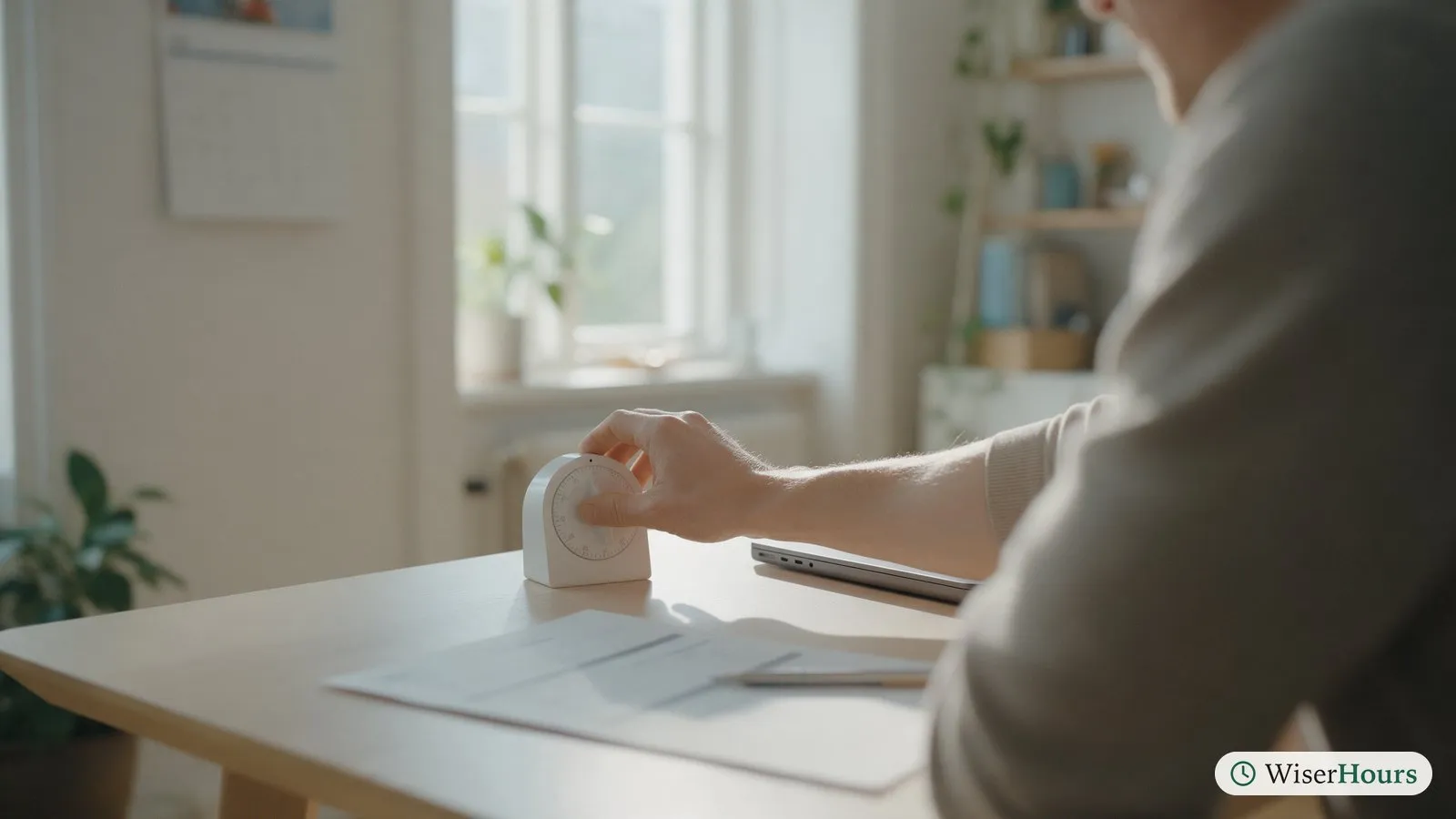 A hand sets a round kitchen timer on a tidy desk beside a single page and a pen.