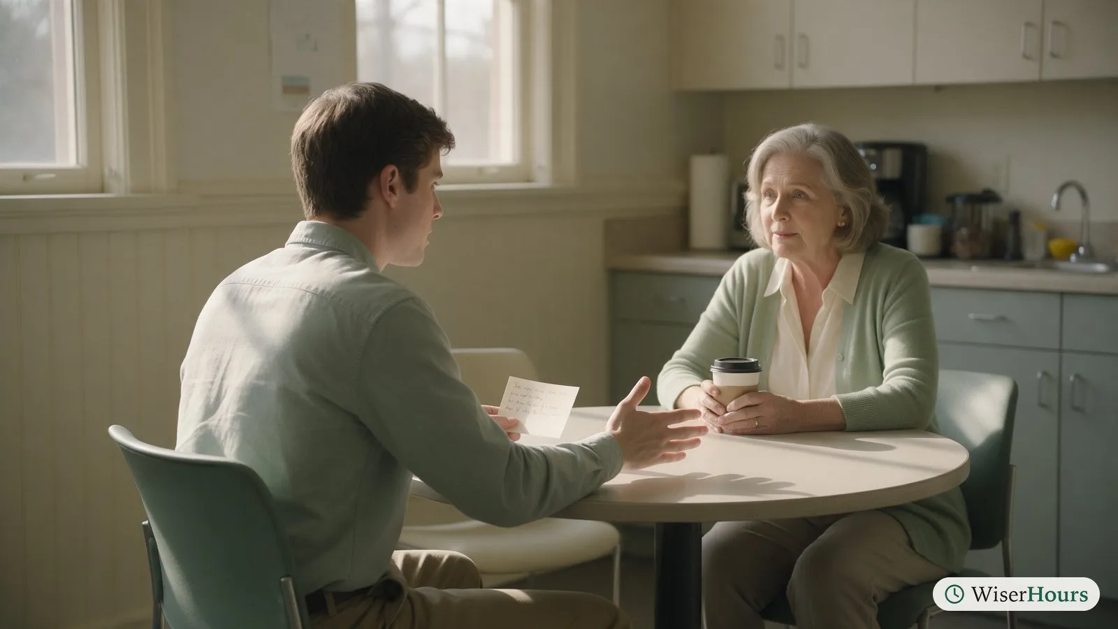 Two people at a kitchen table, one rehearsing a calm request from a small card while the other listens.