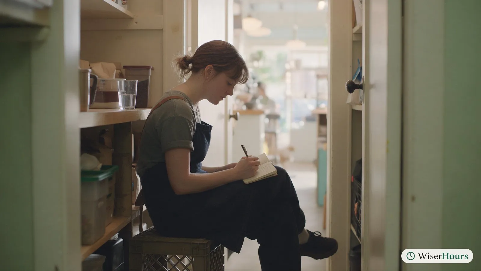 A cafe worker on her break in a back storeroom, writing a short note in a pocket notebook on her knee.