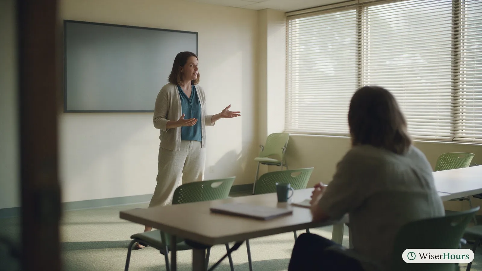 A woman rehearsing a talk without notes in an empty meeting room while one colleague listens from the table.