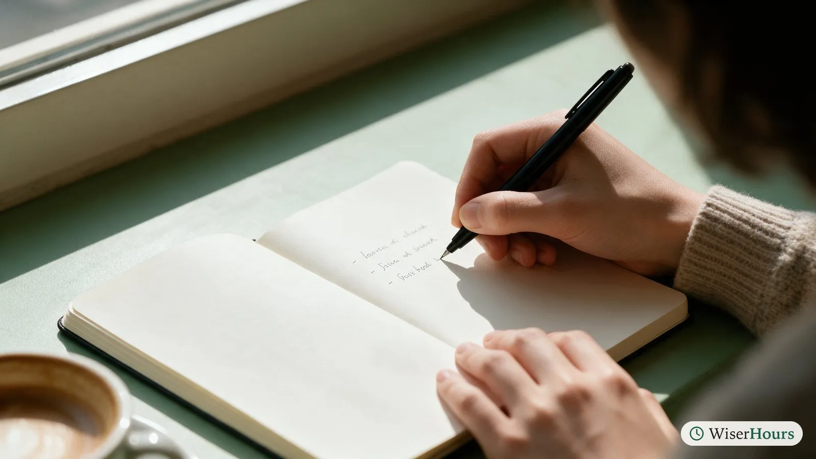 Hands copying a few short lines from one page of a plain notebook onto a fresh facing page with a black pen.