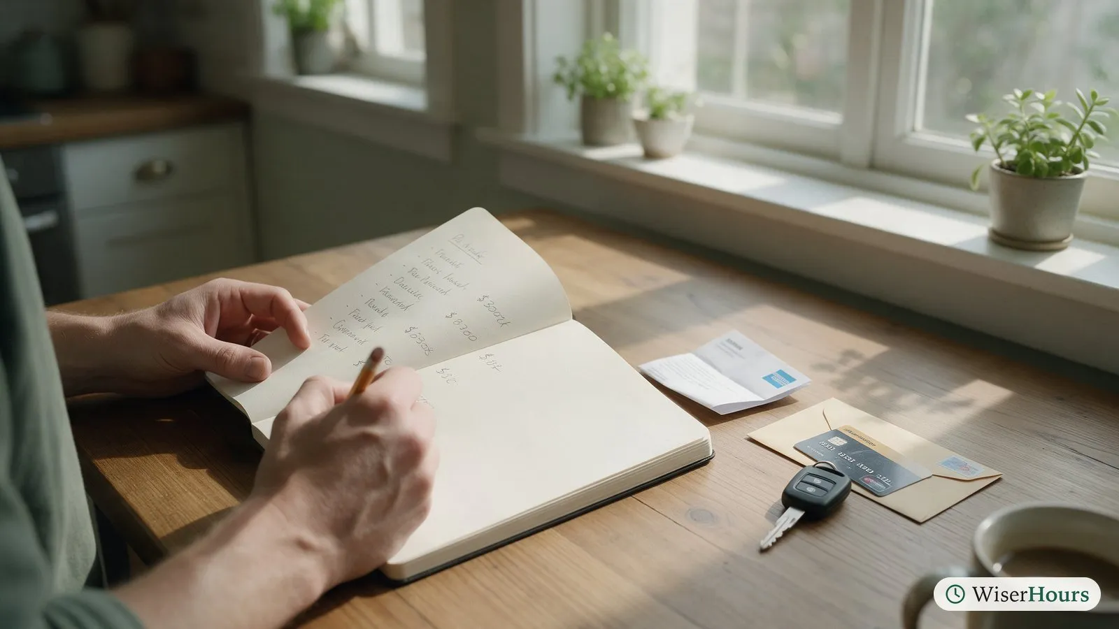 Hands write a list in a notebook beside a letter, a gift envelope and a car key on a kitchen table.
