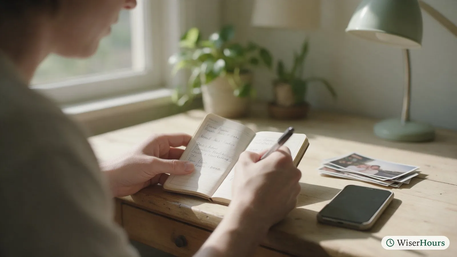 Over-the-shoulder view of someone copying contact details into a paper address book, a phone beside them.