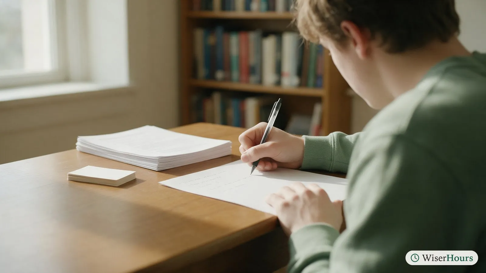 A student writes answers from memory on a blank sheet, notes closed in a stack beside them.