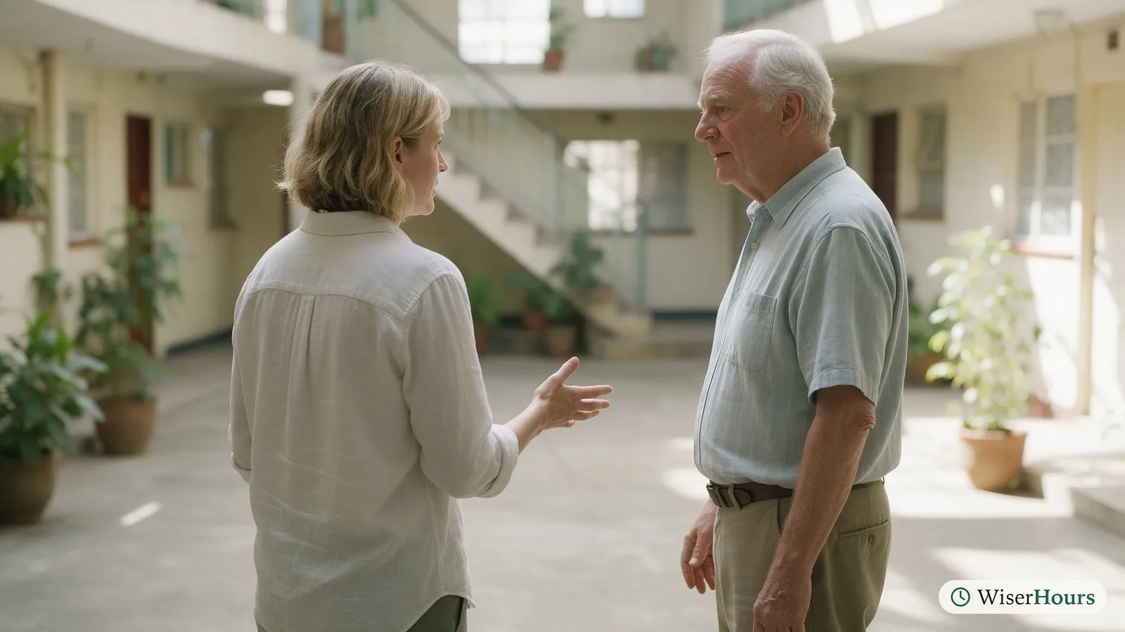A tenant and landlord talk calmly in a sunny apartment courtyard, the tenant gesturing with an open hand.