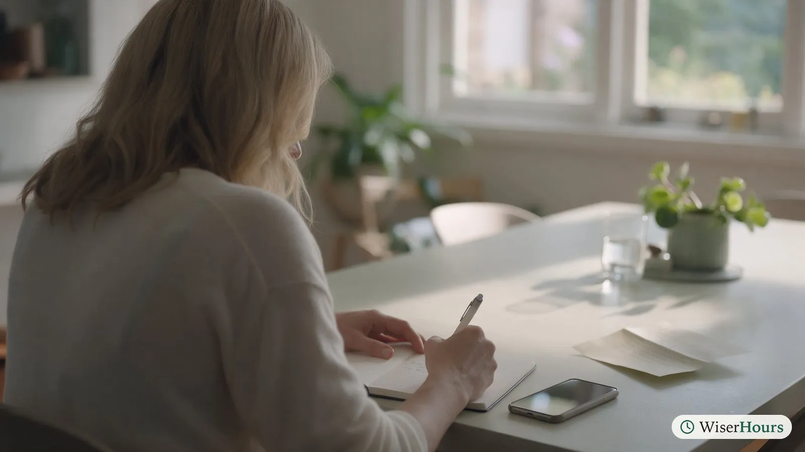 A woman writes a short note in a notebook after a phone call, her phone face down beside her.