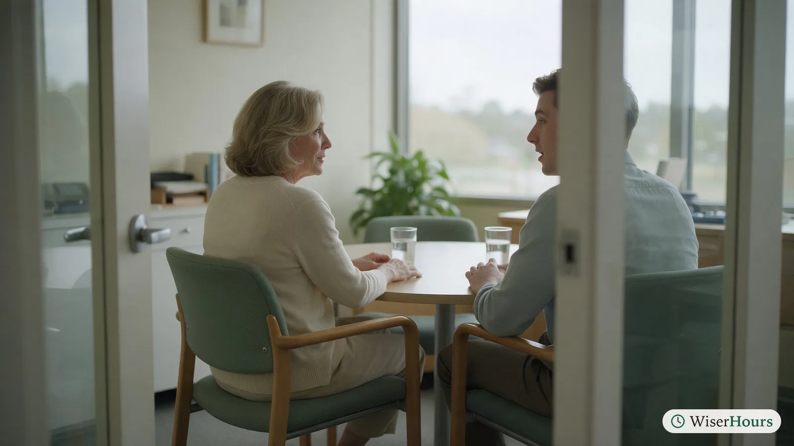 A manager listens to a younger colleague in a small private meeting room.
