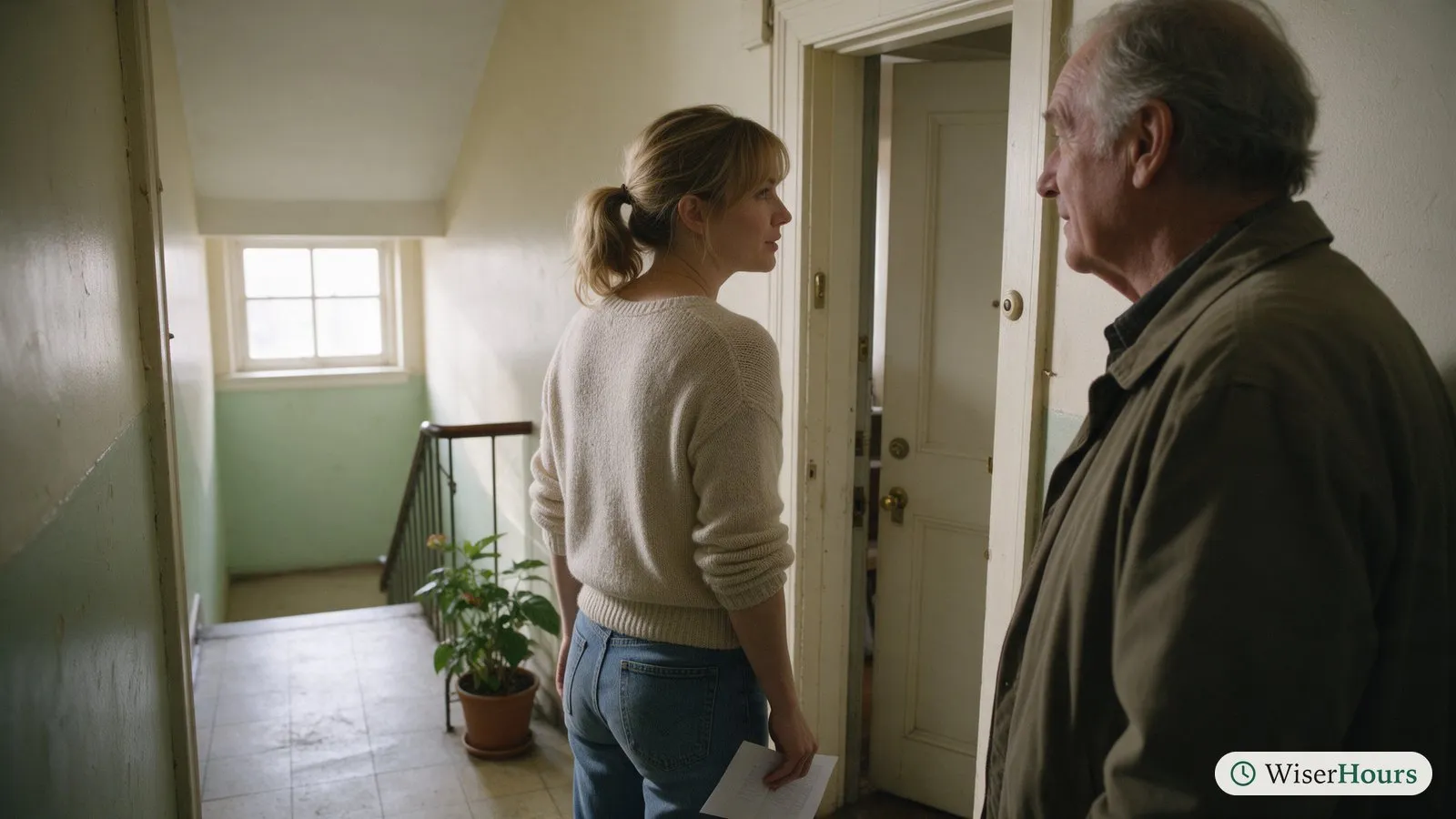 A tenant at her front door talks calmly with her landlord on the stairwell landing.