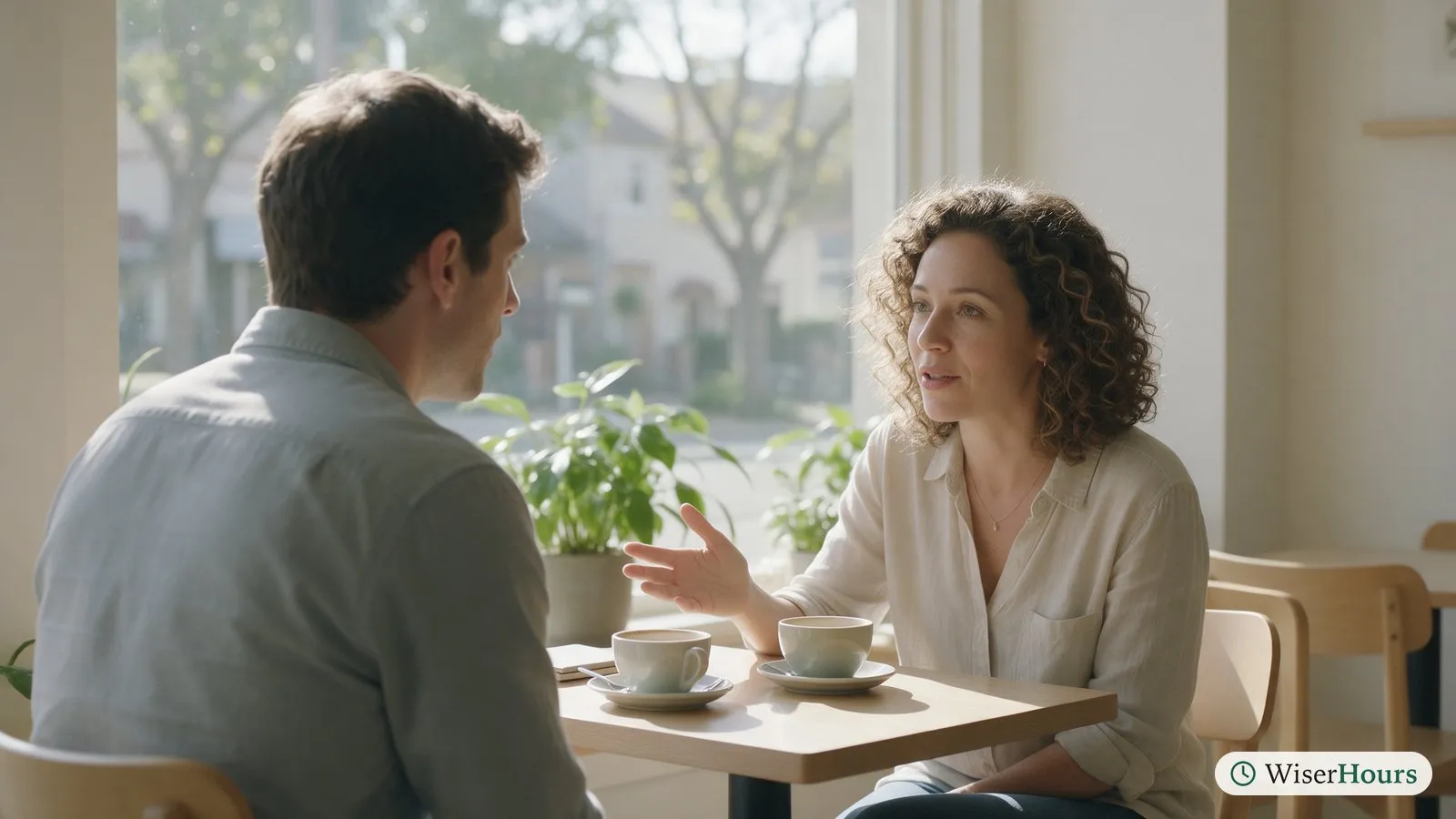 Two former colleagues talk over coffee at a cafe table, one leaning in with a question.